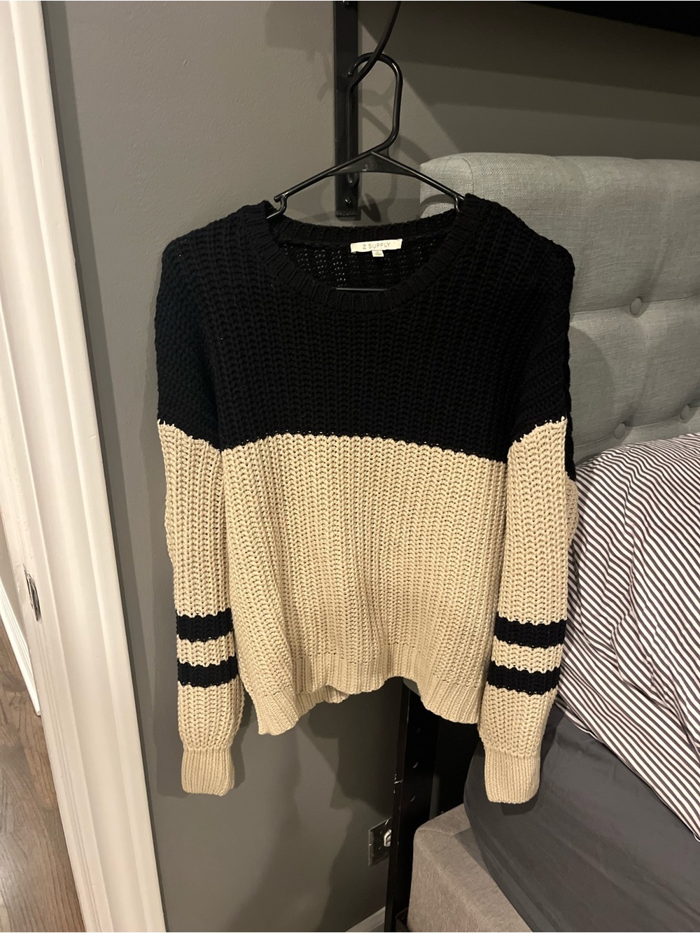 Z Supply Black and Cream Colorblock Crewneck Sweater